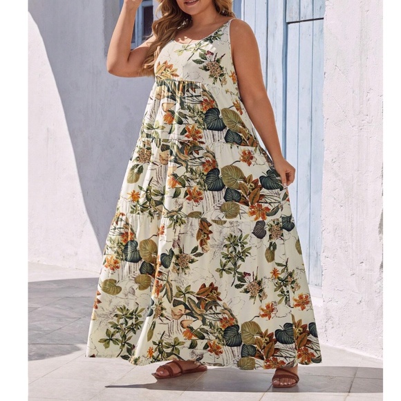 Plus Floral Tropical Print HIgh Waisted Flowy Cami Maxi Dress - Picture 7 of 7